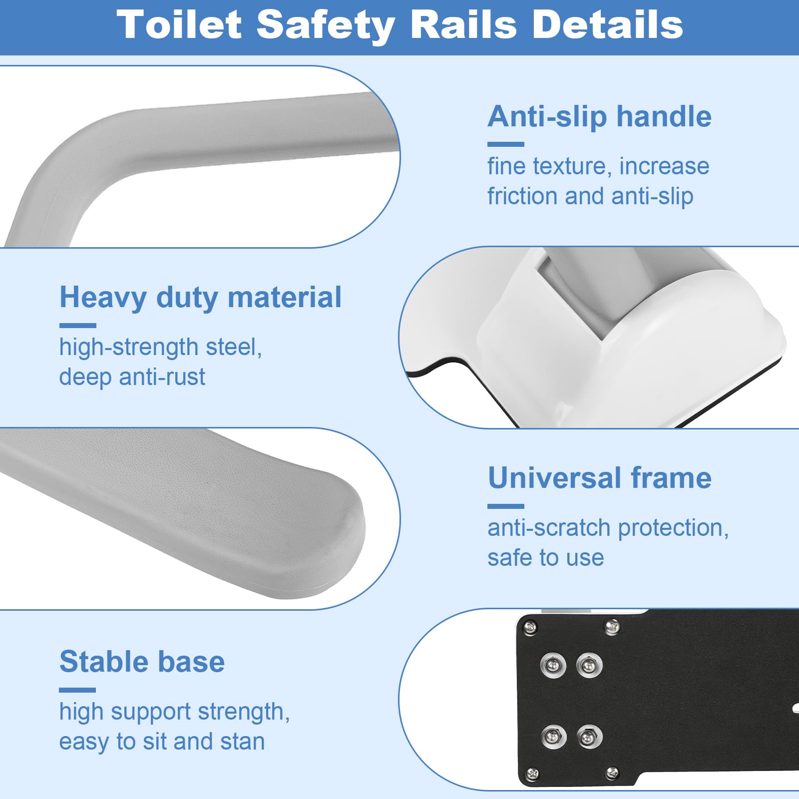 VARIPOWDER Toilet Safety Rails, Stand Alone Toilet Safety Rail Riser with Handles for Elderly Toilet Frame with Arms for Senior Handicap Disabled Adjustable Height Width 480lbsï¼ˆWhite Greyï¼‰