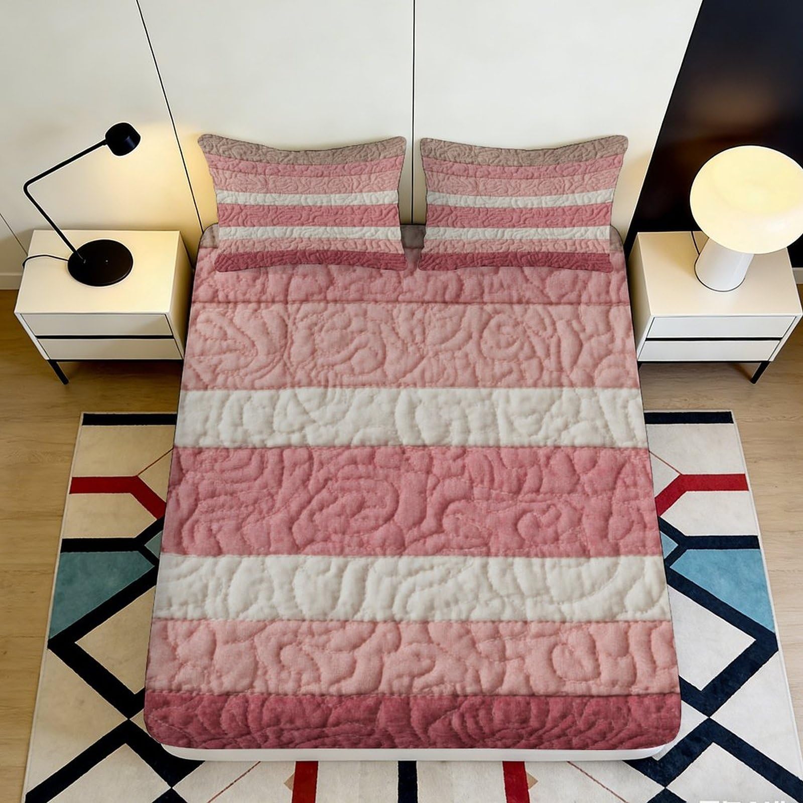 3D Printed Pink Striped Fitted Sheet Microfiber Soft Durable 3D Printed Quilted Bed Cover for Bedroom Dormitory Guest Room Mattress Protection 180x200x25cm