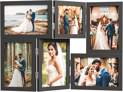 WARM&LOVE 6 Picture Frame, 4x6 & 4x4 Six Folding Hinged Photo Frames, Rustic Wood Desk Family Photo Collage Stand Vertical on Tabletop for Birthday Family Lover Gift Black