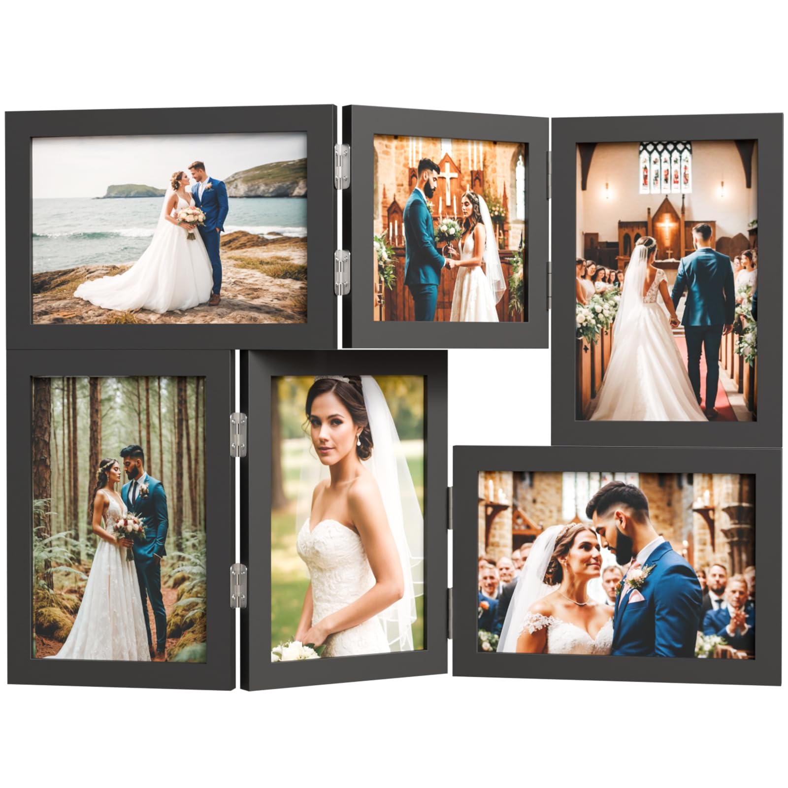 WARM&LOVE 6 Picture Frame, 4x6 & 4x4 Six Folding Hinged Photo Frames, Rustic Wood Desk Family Photo Collage Stand Vertical on Tabletop for Birthday Family Lover Gift (Black)