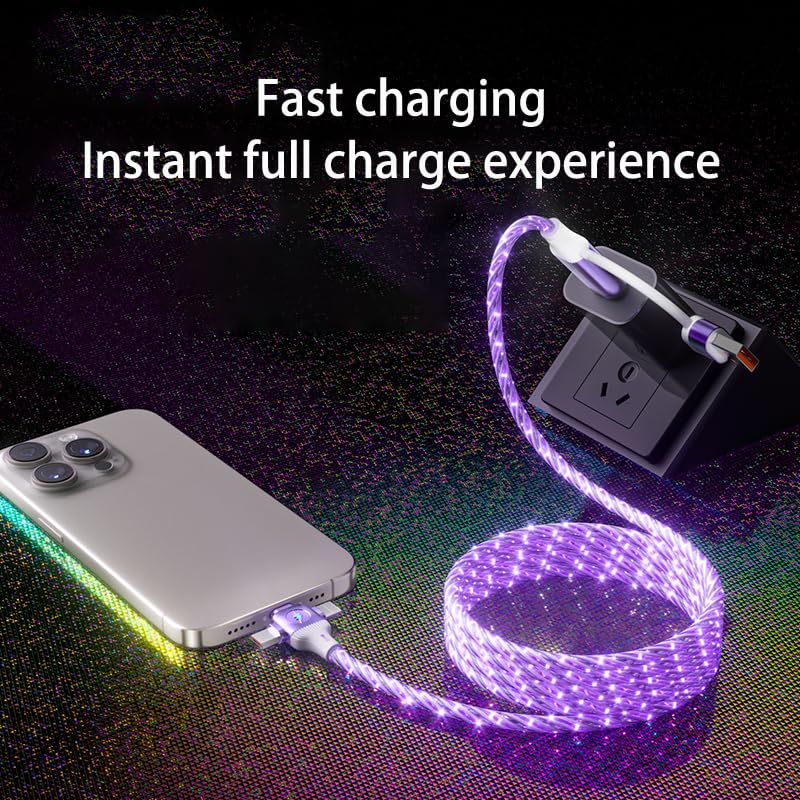 Image of 6 Combinations Multi Ports USB Charger USB A /USBC to Micro USB /Type C PD Fast Charging Cord Light Up LED Starry Current to be a Night Light Compatible with Most of devices-39 inches Purple