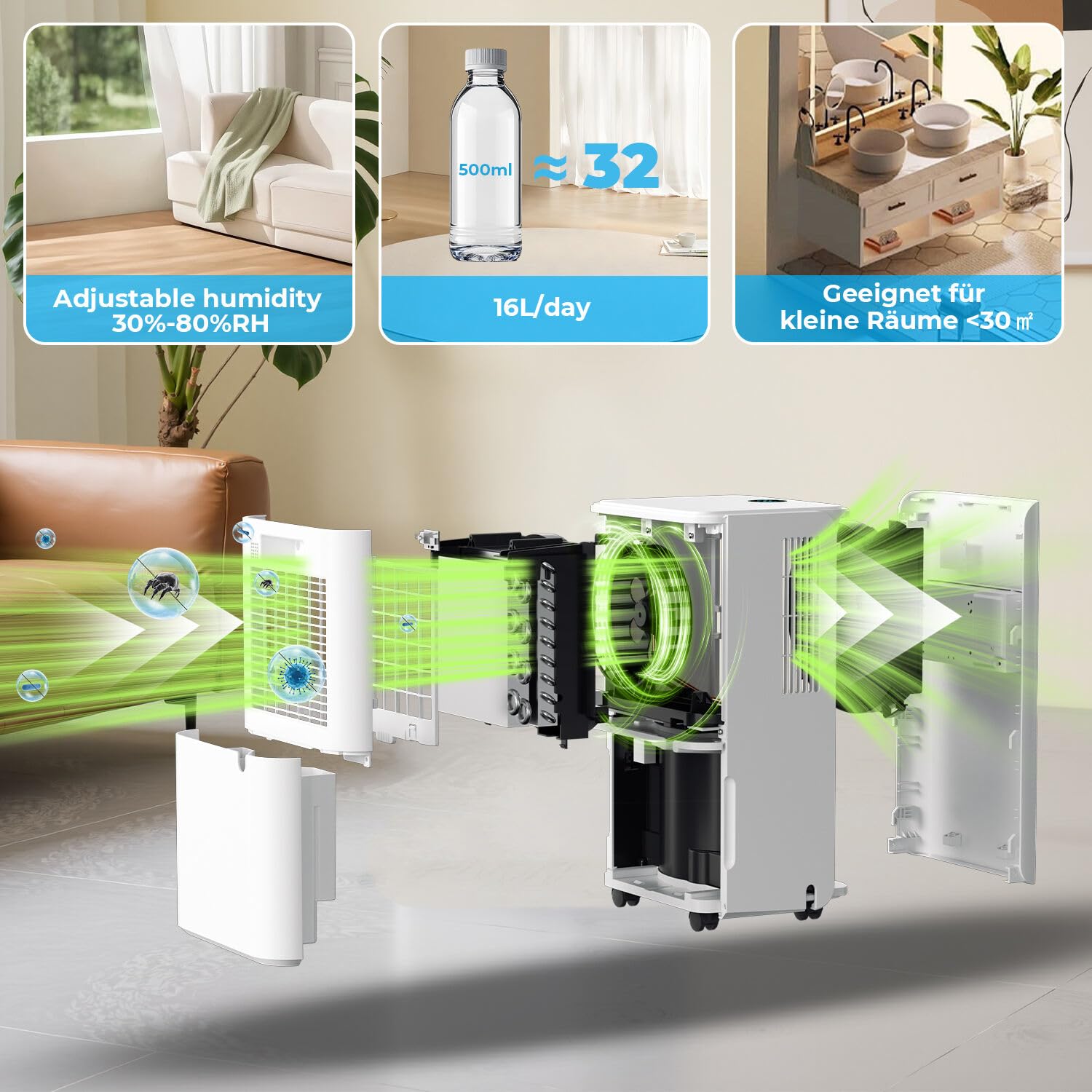 Osuszacz powietrza 16 l/dzień, elektryczny osuszacz powietrza 38 dB, osuszacz do pomieszczeń do 30 m², osuszacz powietrza z 3 trybami, wyświetlacz cyfrowy, timer 24 h, osuszacz do domu
