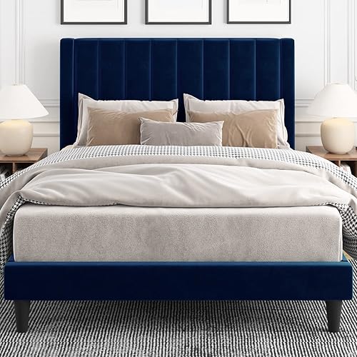 IMUsee Queen Size Velvet Upholstered Tufted Platform Bed Frame with headboard, Strong Wooden Slats, Box Spring Optional, Mattress Foundation, Easy Assembly, Navy Blue