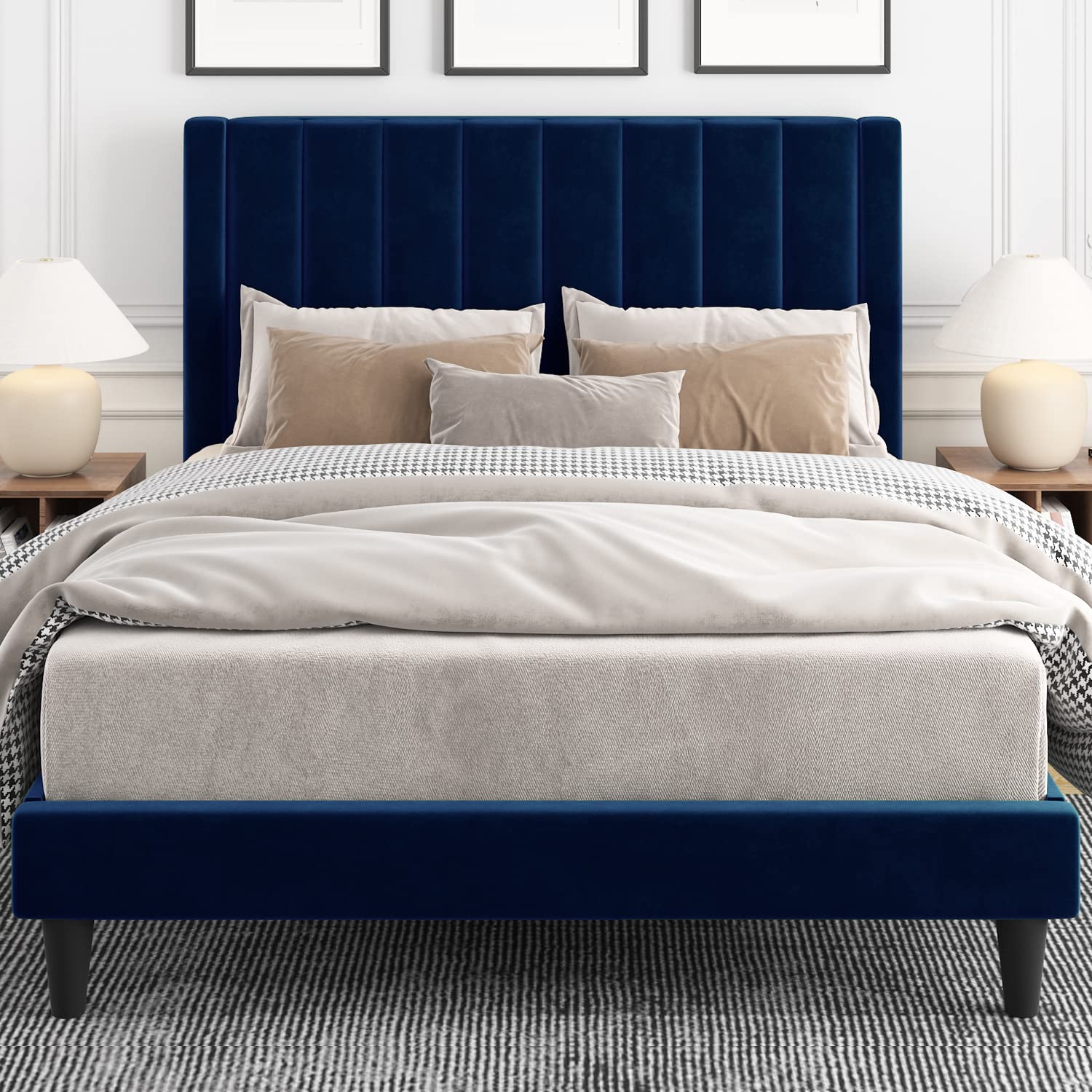 IMUsee Queen Size Velvet Upholstered Tufted Platform Bed Frame with headboard, Strong Wooden Slats, Box Spring Optional, Mattress Foundation, Easy Assembly, Navy Blue