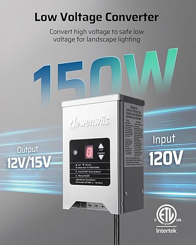 Miniatura 2 de DEWENWILS Transformador de paisaje de bajo voltaje de 150 W con sensor de fotocélula, 120 V CA a 12 V15 V CA, transformador de bajo voltaje para