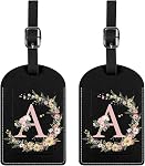 2 Pack Initial Letter Luggage Tag Monogram Luggage Tag PU Leather Suitcase Tags Funny Aesthetic Cute Flower Floral Monogrammed Travel Bag Labels for Women Girls-A