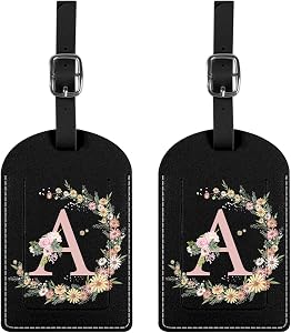 2 Pack Initial Letter Luggage Tag Monogram Luggage Tag PU Leather Suitcase Tags Funny Aesthetic Cute Flower Floral Monogrammed Travel Bag Labels for Women Girls-A