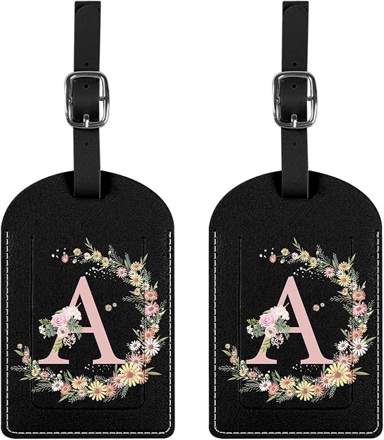 2 Pack Initial Letter Luggage Tag Monogram Luggage Tag PU Leather Suitcase Tags Funny Aesthetic Cute Flower Floral Monogrammed Travel Bag Labels for Women Girls-A