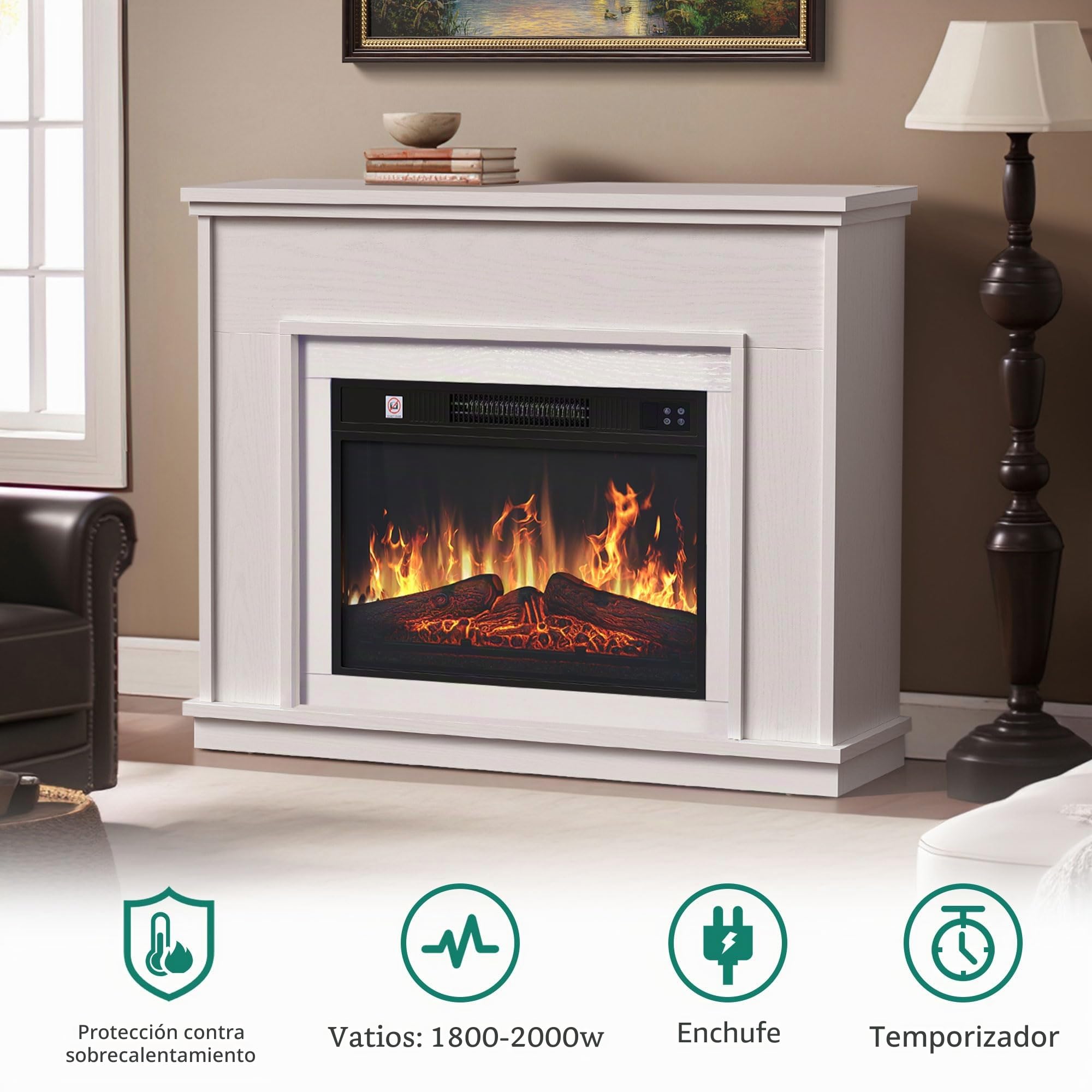 YITAHOME Chimenea Eléctrica Blanca 23″ con Efecto de Llama 3D y LED 24 Colores