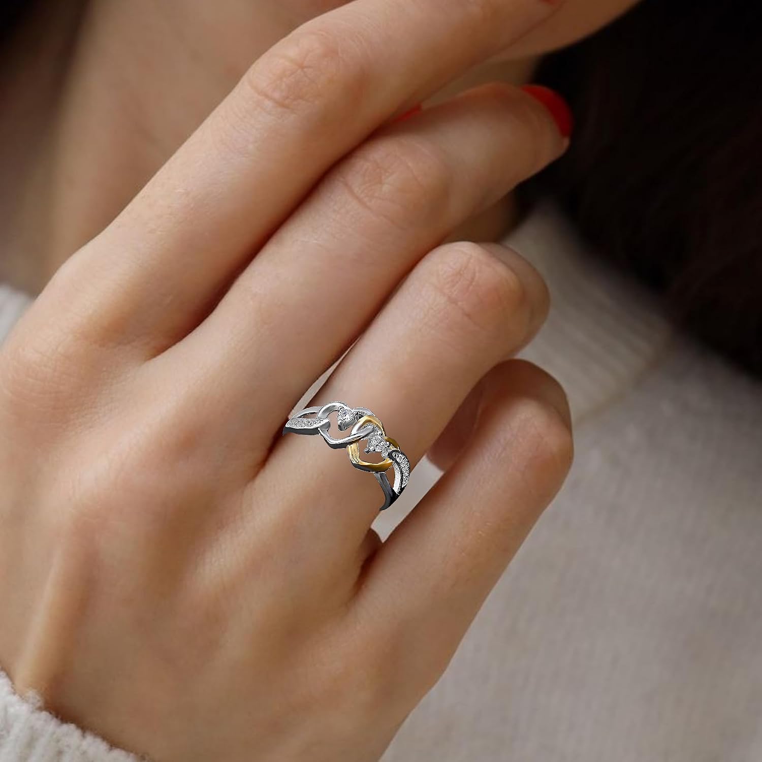 Together Promise Ring for Women by Ginger Lyne | Double Hearts Two Tone Gold over 925 Sterling Silver Engagement Ring for Her | Cubic Zirconia Bridal Jewelry for Girlfriend or Wife