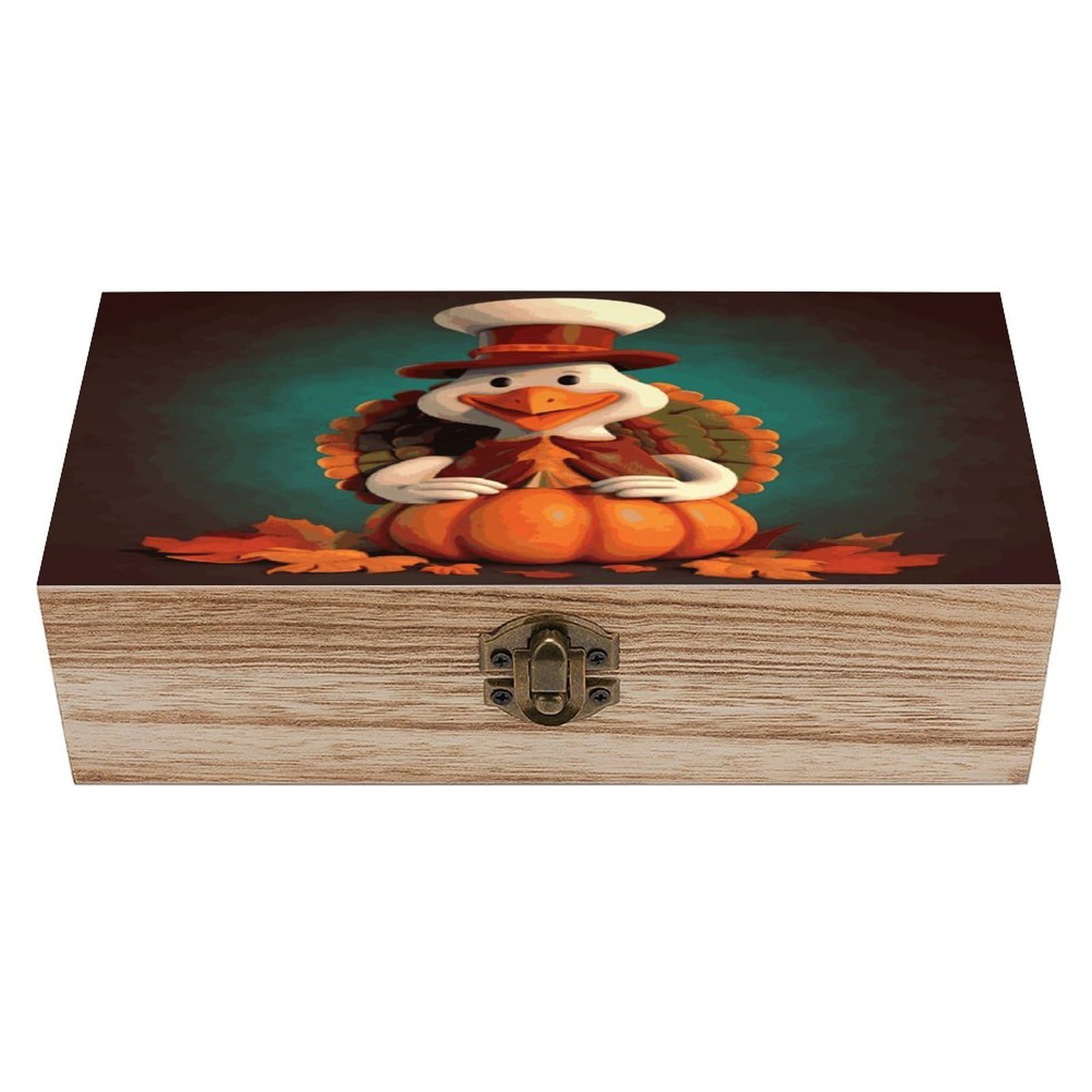 Btcowzrv Style Happy Thanksgiving Turkey Wooden Storage Box, Keepsake Box With Hinged And Retro Lock, Wood Jewelry Organizer For Photos & Mementos And Home Decor