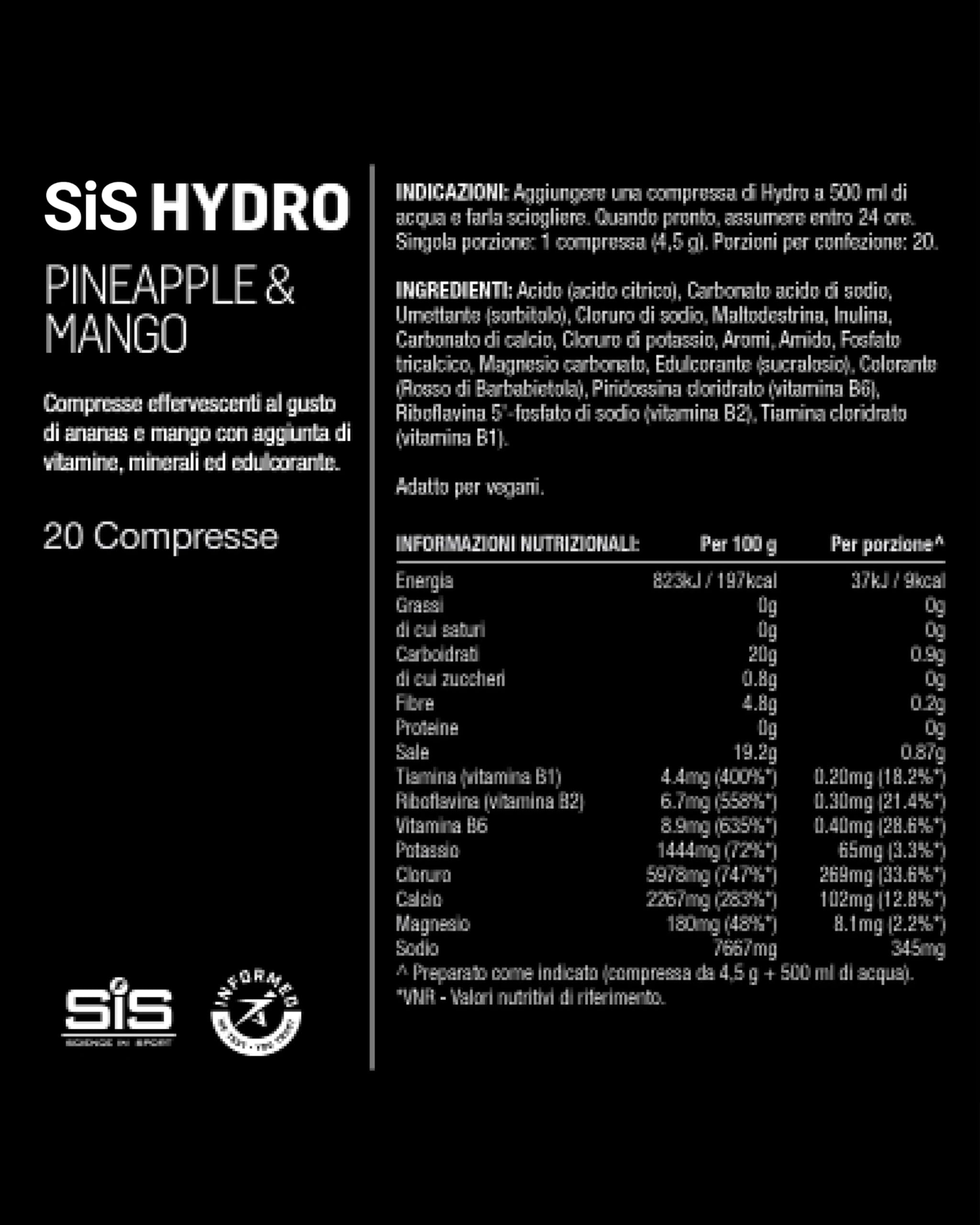 Science in Sport HYDRO Compresse 20pz. Ananas e Mango - Elettroliti in compresse effervescenti, Vegan, Mantengono il corretto bilancio di elettroliti ed acqua