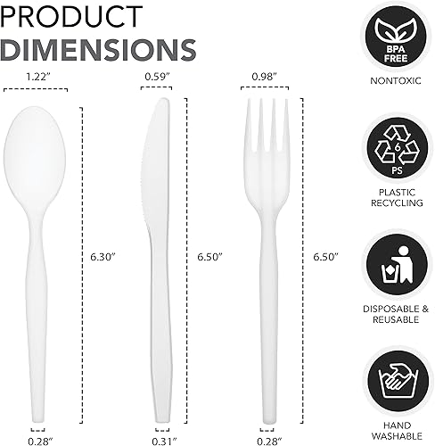 Miniatura 7 de Party Essentials Juego de cubiertos de plástico de peso medio, incluye cuchillos, tenedores, cucharas, 300 piezas100 lugares, transparente