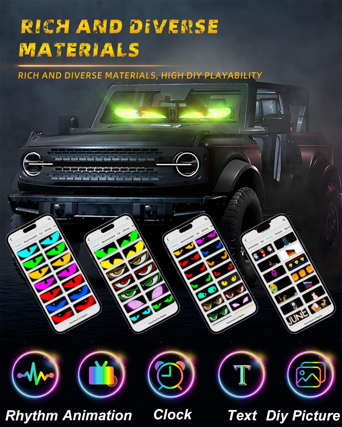 Programmable Devil Eyes Light for Car Windshield, 23.4“x4.7” Flexible Scrolling LED Display with Bluetooth App & Remote Control, Custom Text, Animations & Graphics for LED Advertising Display