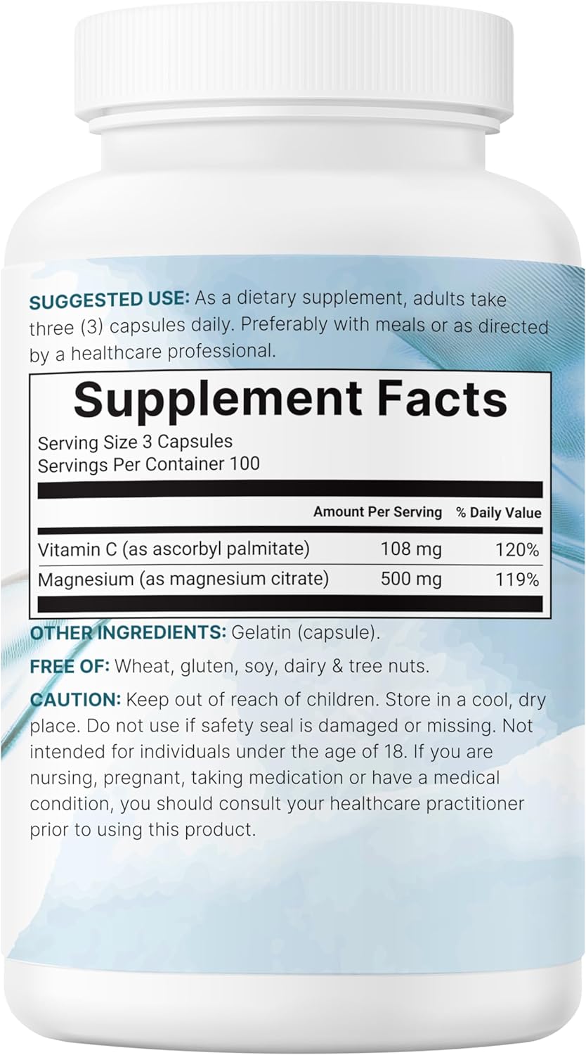 Pure Magnesium Citrate Supplements 500mg, 300 Capsules | Fat-Soluble Vitamin C Added | 100% Chelated | Only Active Ingredients - Image 7