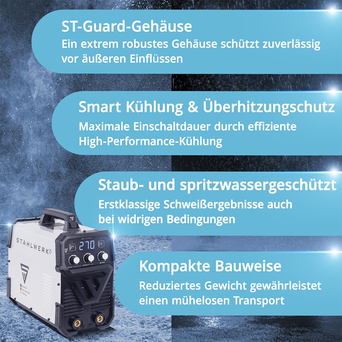 STAHLWERK Elektroden-Schweißgerät ARC-270 ST – Vollausstattung mit Gerätewagen – MMA (E-Hand) bis 270 A, Schweißen ohne Schutzgas, Lift-TIG Inverter 400 V, Smartkühlung & Temperatursteuerung