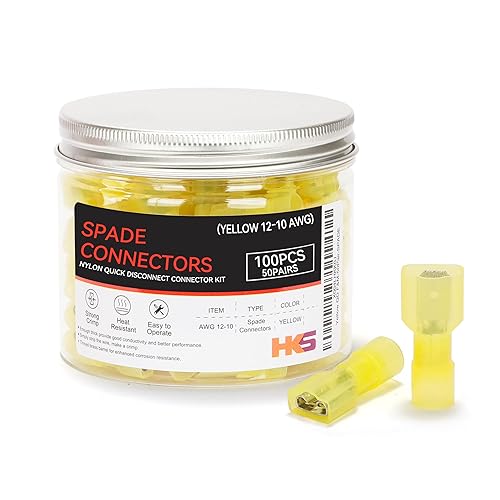 Miniatura 59 de HKS Conector de desconexión rápida de pala hembra de nailon, 100 unidades, color amarillo, kit de conectores de cable eléctrico de 12-10 AWG, cobre