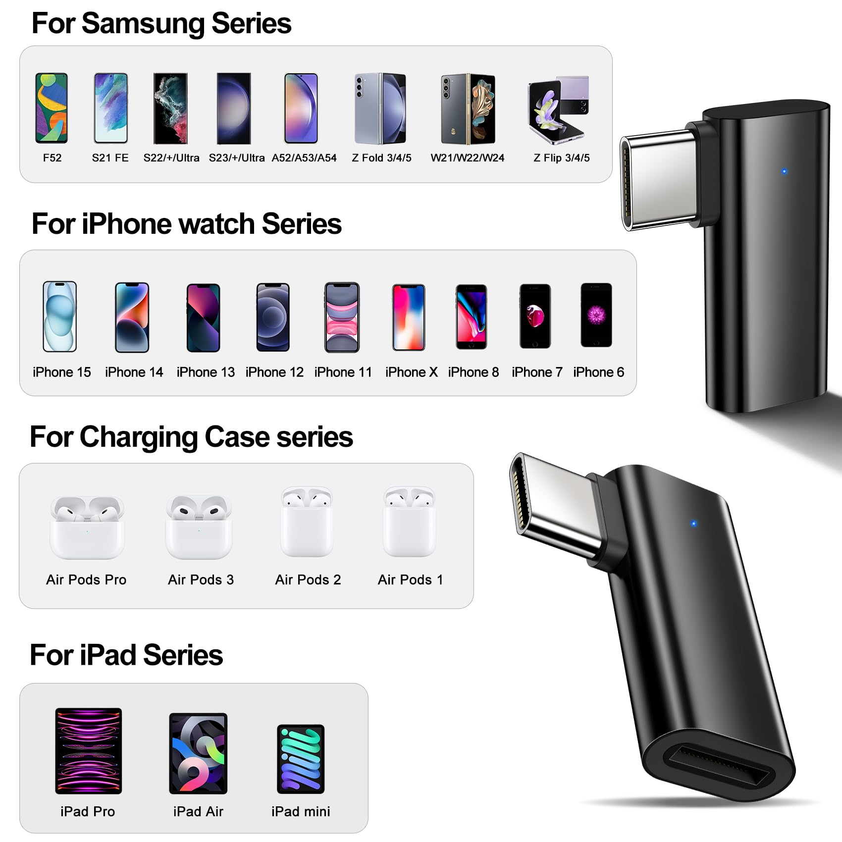 xiwxi 2Pack 90 Degree Lightning to USB C Charger Converter for iPhone 15/15Pro/15 Pro Max Plus,Samsung S24 S23,iPad Air,27W PD Fast Charging&Data Transfer,Type C Devices,Not Audio/OTG/PS/2 Cables