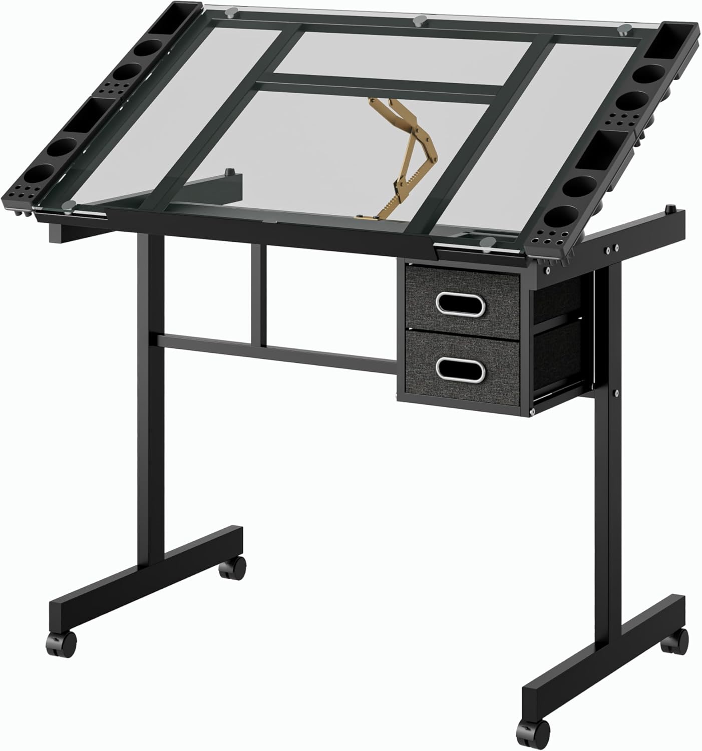 Tempered Glass Drafting Table with Wheels, Adjustable Drafting Desk with 2 Fabric Drawers and Removable Trays, for Artists Designers Hobbyists (Black, 40.55"x23.62"x30.70")