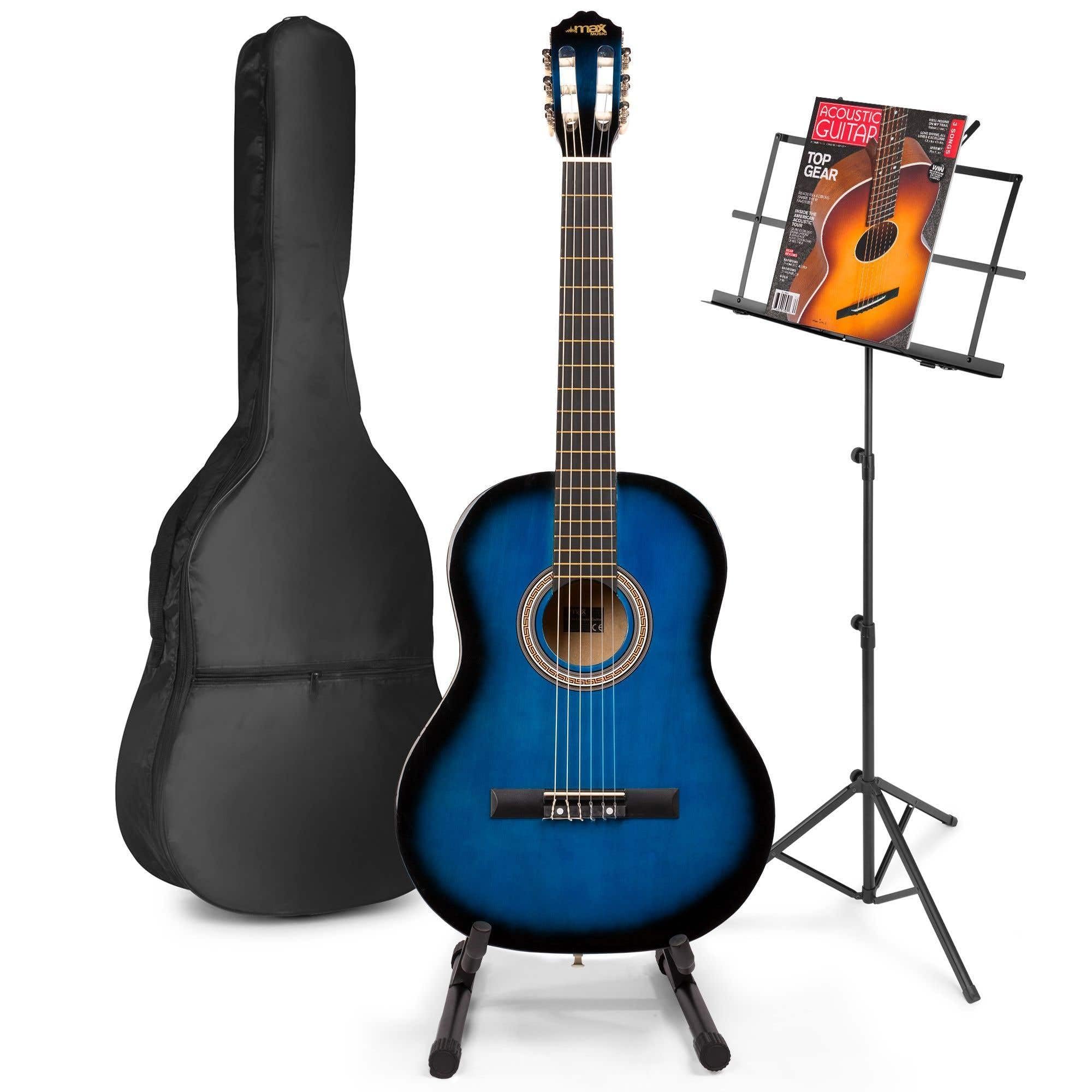 MAX SoloArt Guitarra Clásica Azul – Set Completo para Principiantes con Atril, Soporte, Afinador, Bolsa, Cuerdas, Correa y Púas – Ideal para Niños desde 8 Años y Adultos