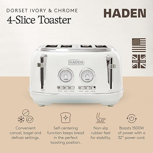 Miniatura 2 de Haden Dorset - Tostadora de acero inoxidable de 4 rebanadas de ranura ancha con control de tostado ajustable y pies antideslizantes, color marfil y