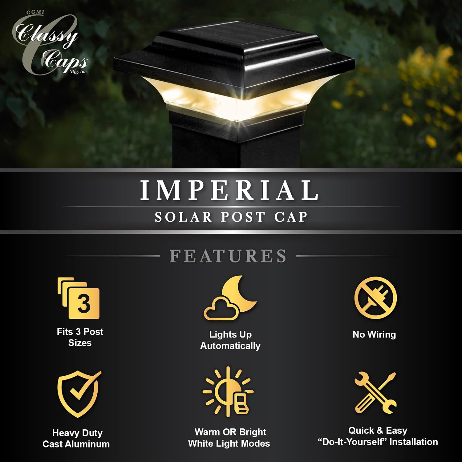 Classy Caps Imperial Solar Post Cap - Black - 4 Pack- SLO82B – Fits 2"x2", 2.25"x2.25", and 2.5"x2.5" Post Sizes, High-Performance Solar LED, Durable Cast Aluminum Construction, Warm/Cool Light Modes