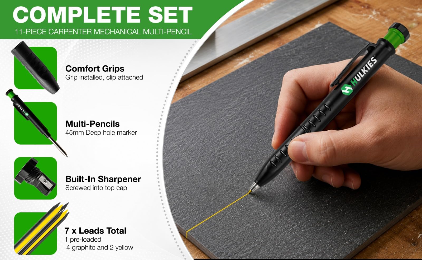 Professional 4 in1 Carpenter MULTI-PENCIL, 11pc Universal ALL IN ONE Deep Hole MARKER KIT incl. Comfort Grip, Quiver, 7 Leads & sharpener Austrian Engineering (1 Pencil Kit Black/Green) — Amazon image 5
