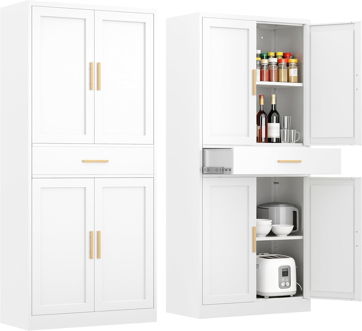 71" Tall Kitchen Pantry Cabinet, Metal Kitchen Pantry Storage Cabinet with Drawer and 2 Adjustable Shelves, Freestanding Pantry Cupboard for Living, Dining Room, White