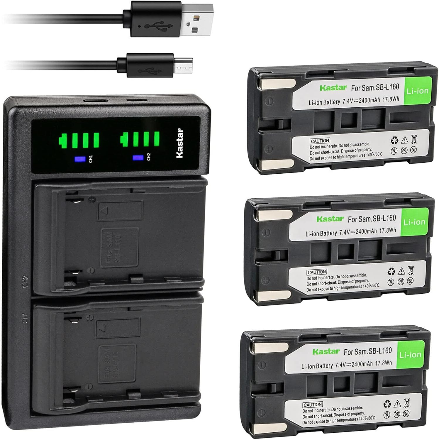 Kastar 3-Pack SB-L160 Battery and LTD2 USB Charger Replacement for Samsung SB-L160 SBL160, SB-L320 SBL320, SB-L480 SBL480, SB-L110A SBL110A, Medion MD9014, VP-SCD55, VPL500 VPL600 VPL700 VPL800 VPL900