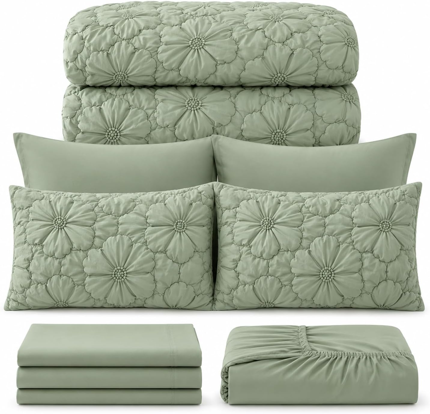 7 Piece Comforter Set, Pintuck Floral Bedding Set with Sheets & Pillowcases, Soft Fluffy All Season Comforter Set, Lightweight Breathable Bed Set for Bedroom Guest Room Dorm (Green, Queen, Flowers)