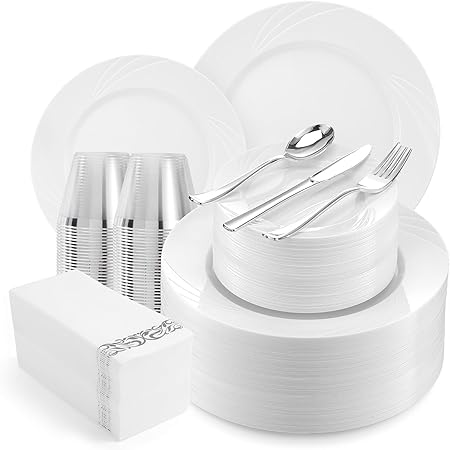 White Swirls Plastic Dinnerware Set for 100 Guests Elegant Disposable.