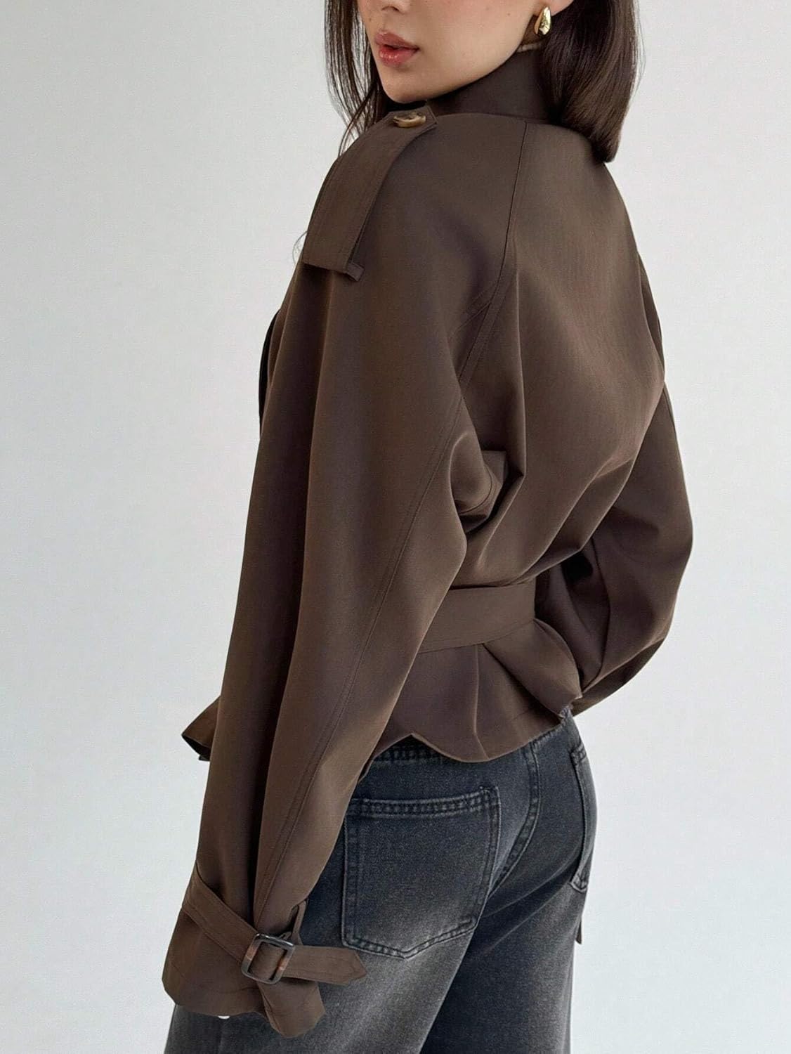 Womens Fashion Trench Outwear Casual Solid Color Double-Breasted Trench Coat Jacket Coat