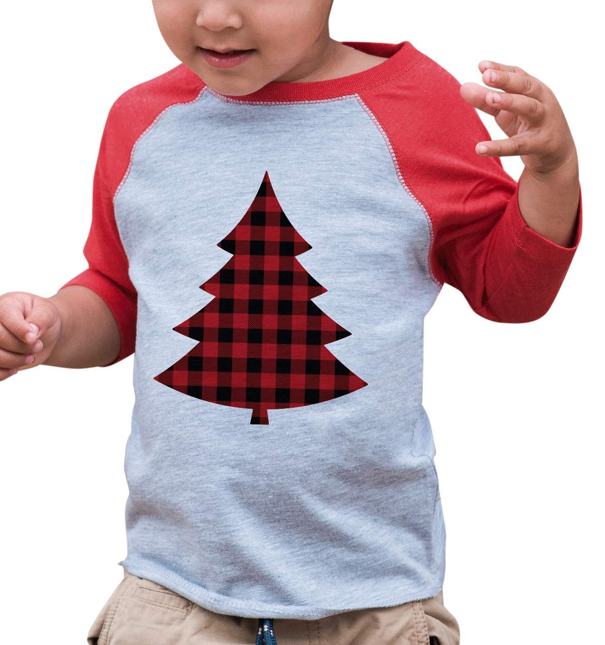Kids Plaid Tree Christmas Red Raglan Tee