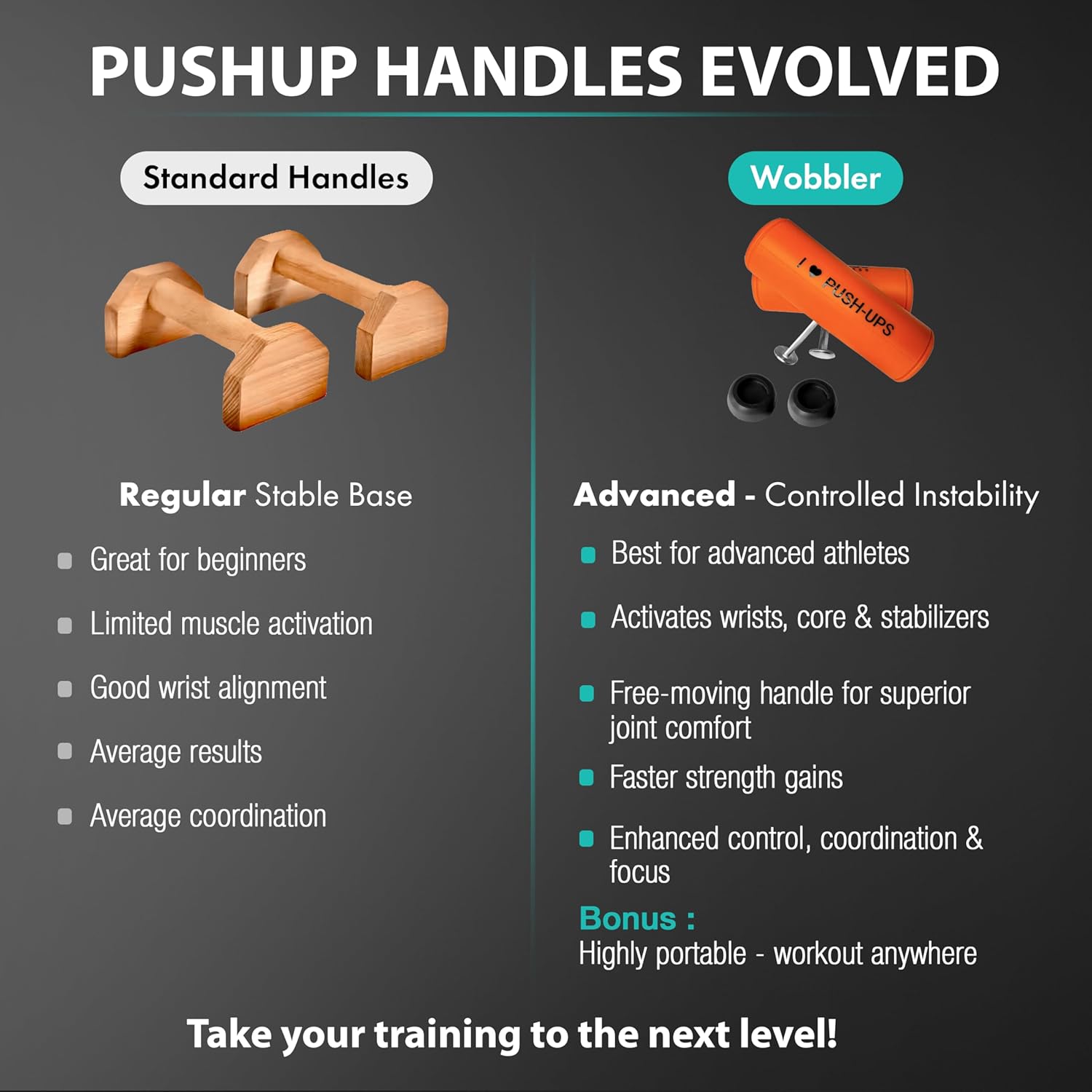 Wobbler - Revolutionary Unstable Push-Up Handles - Rotating T-Shape Pushup Bars for Core & Wrist Strength - Boxing & Martial Arts Training Equipment - Portable Home Gym for Triceps, Chest & Shoulder