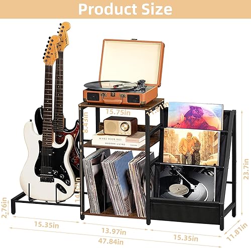 Miniatura 14 de LELELINKY Mesa para tocadiscos, estante giratorio con almacenamiento de vinilo de hasta 150 álbumes, mesa auxiliar blanca con estante para libros