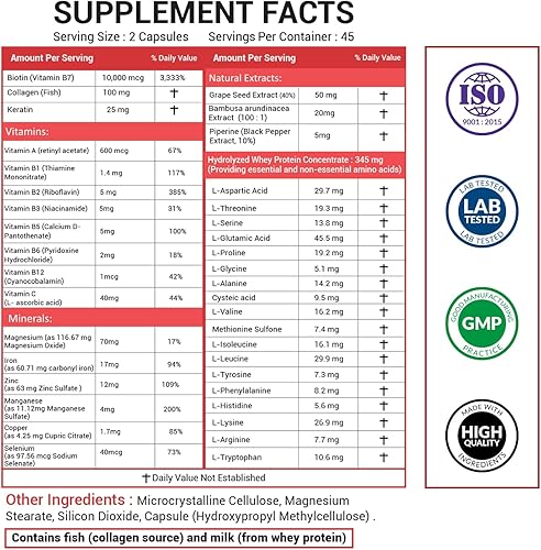Miniatura 5 de Biotina, colágeno, queratina  Vitaminas para el cabello, la piel y las uñas  Apoya el crecimiento del cabello para mujeres y hombres, promueve la