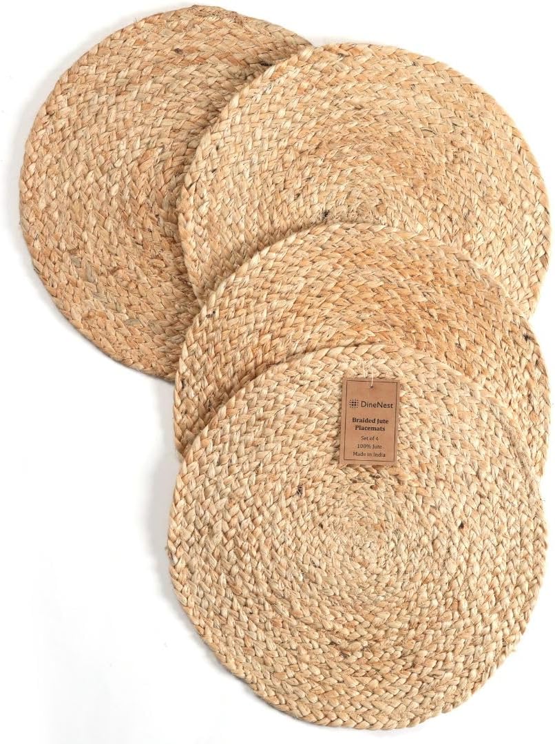 Set of 4 Handcrafted Jute Braided Placemats 14x14 Round 100% Jute - Farmhouse Rustic Vintage Placemats, Non-Slip Heat Resistant for Dining, Kitchen, Coffee Table Décor Table Mats Handwoven