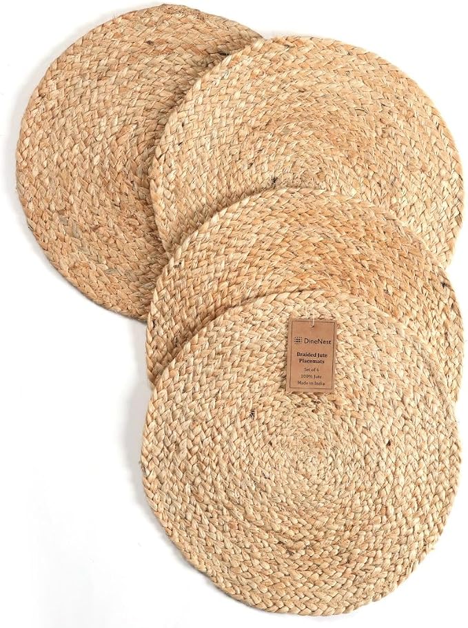 Set of 4 Handcrafted Jute Braided Placemats 14x14 Round 100% Jute - Farmhouse Rustic Vintage Placemats, Non-Slip Heat Resistant for Dining, Kitchen, Coffee Table Décor Table Mats Handwoven