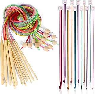 Aeeque 23 Pcs Tunisian Crochet Hooks Set, 11Pcs Aluminum Long Crochet Hooks 2.0-8.0 mm and 12 Pcs Bamboo Tunisian Crochet Hooks Set with Cable 3.0-10 mm, Multifunctional Tunisian Crochet Hook Set