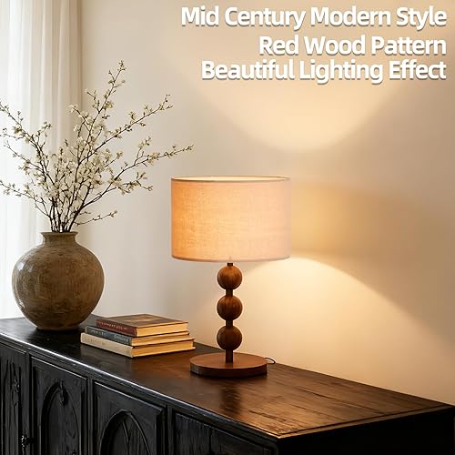 Miniatura 4 de Lámpara de mesa de noche para dormitorio, pantalla de tela moderna con enchufe y base de hierro con aspecto de madera, lámpara de mesa de noche Plug