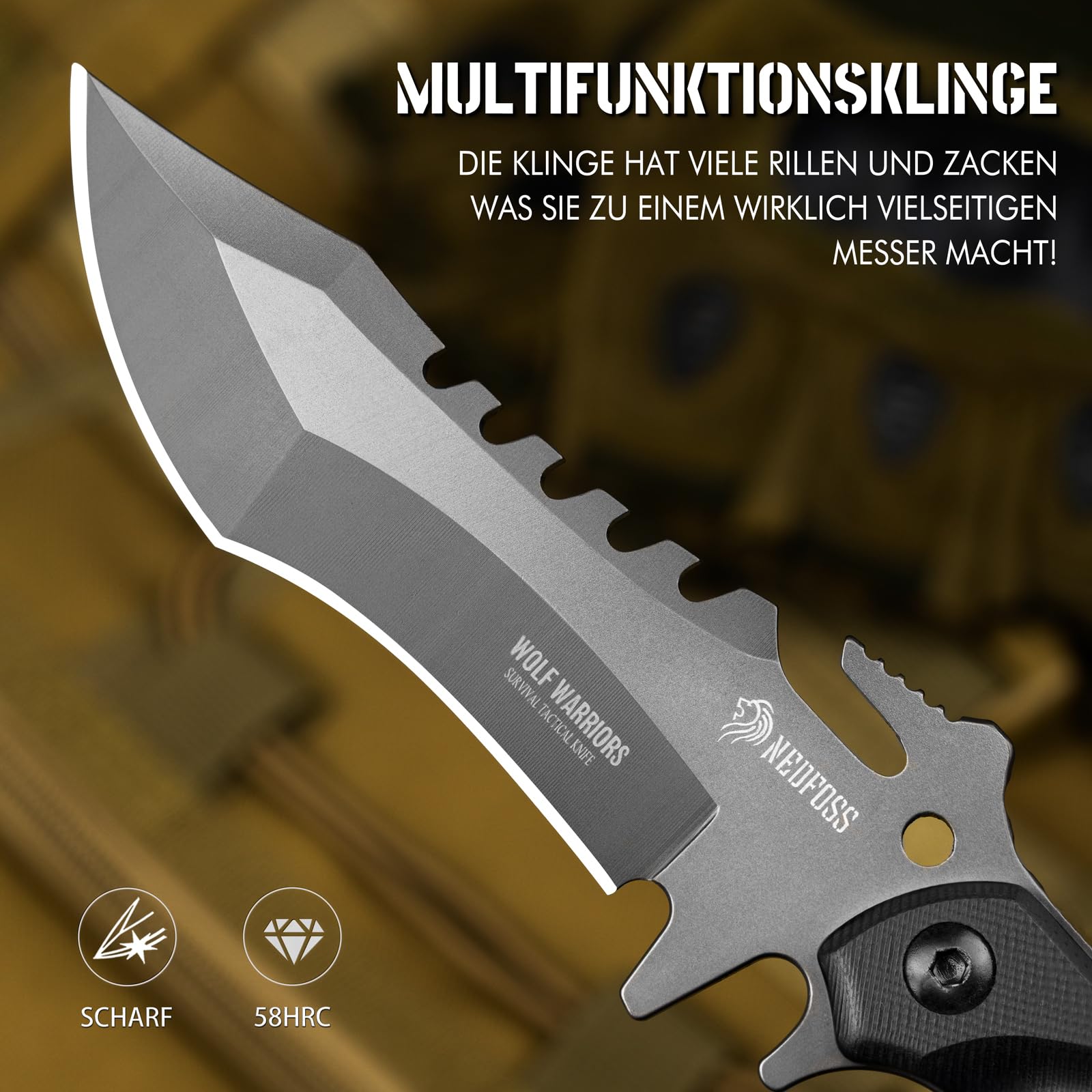 NedFoss WOLF 10.3CM FULL TANG Coltello fisso da esternoin acciaio, coltello da sopravvivenza affilato, coltello da campeggio, coltello multiuso, coltello da cespuglio, Ideale per campeggio, regali