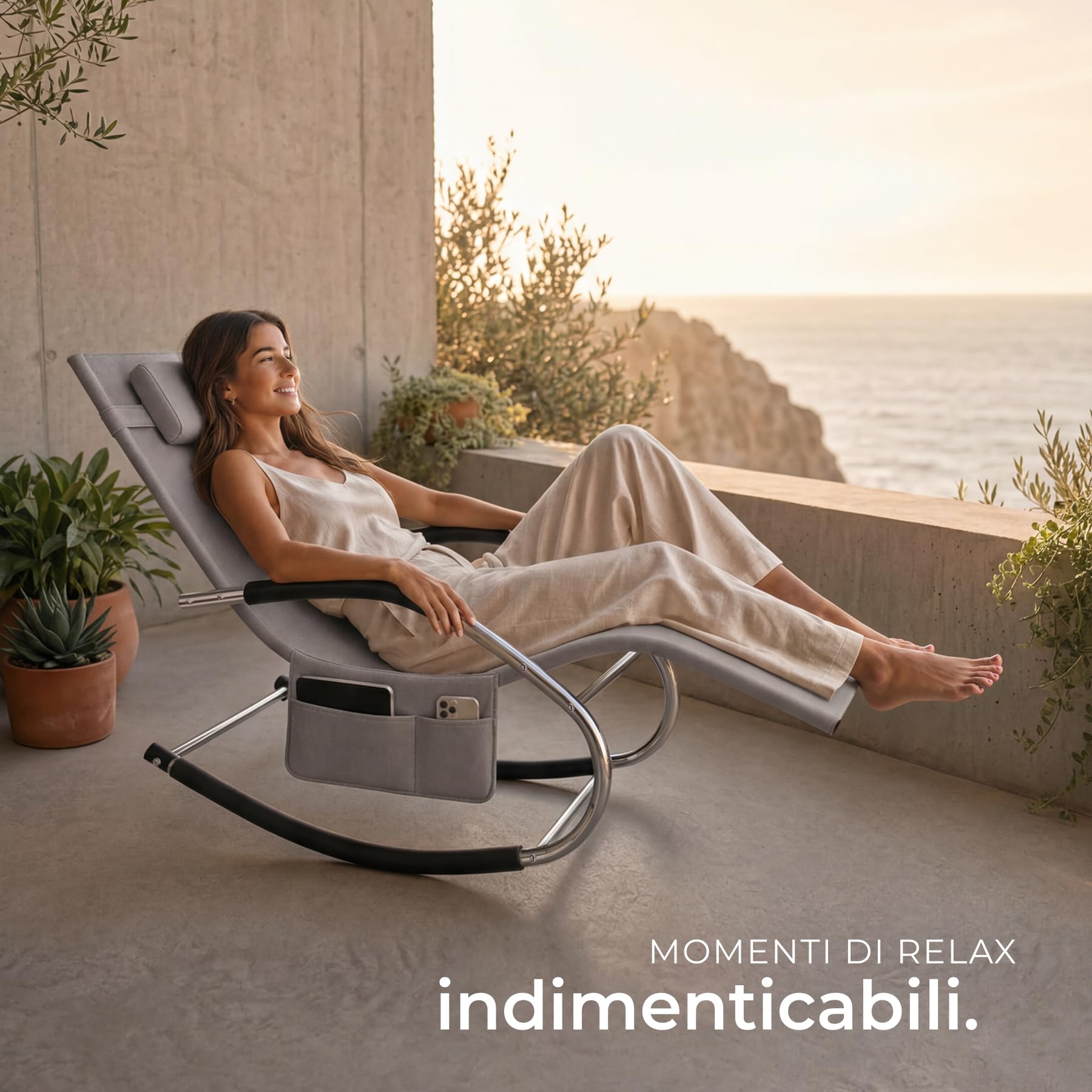 tectake® Lettino prendisole a Dondolo da giardino, Sdraio da Giardino, Cuscino Rimovibile, Telaio in Acciaio, Braccioli Imbottiti, Textilene Traspirante e Idrorepellente, Sedia a dondolo - Grigio