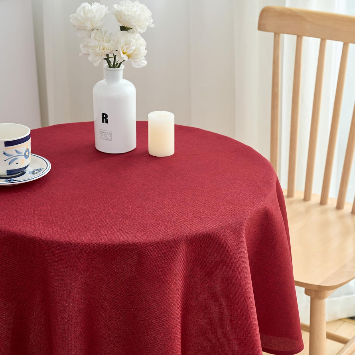SPRICA Round Tablecloth 120cm Diameter Water Resistant Linen Texture Spill Proof Table Cover Solid Colour Circle Cover, Red - Image 3