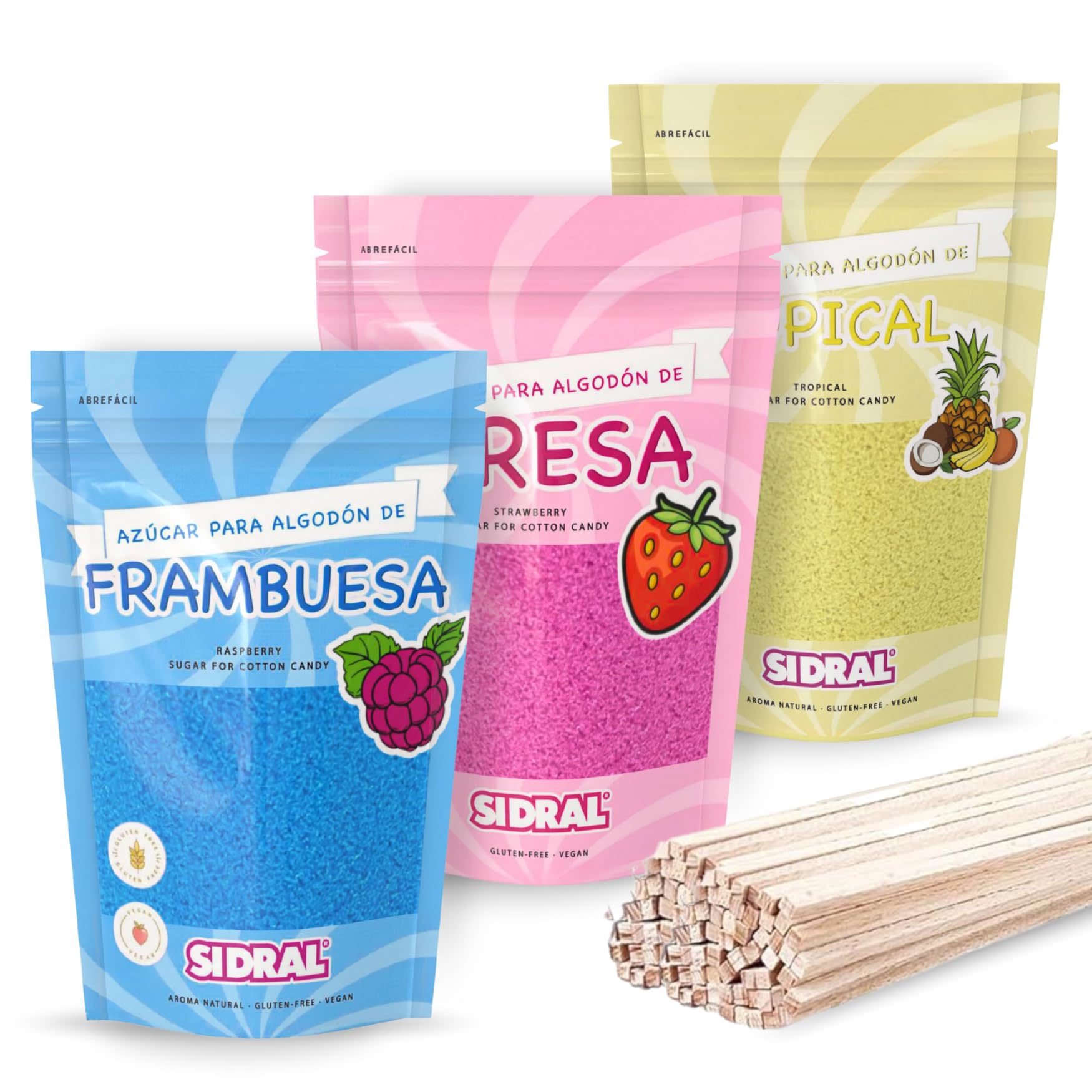 SIDRAL - Sucre Barbe à Papa pour machine - Arômes et Colorants Naturels - Lot de 3 x 250GR (Fraise - Framboise - Tropicale) poudre barbapapa + 50 Bâtonnets recyclables pour dégustation