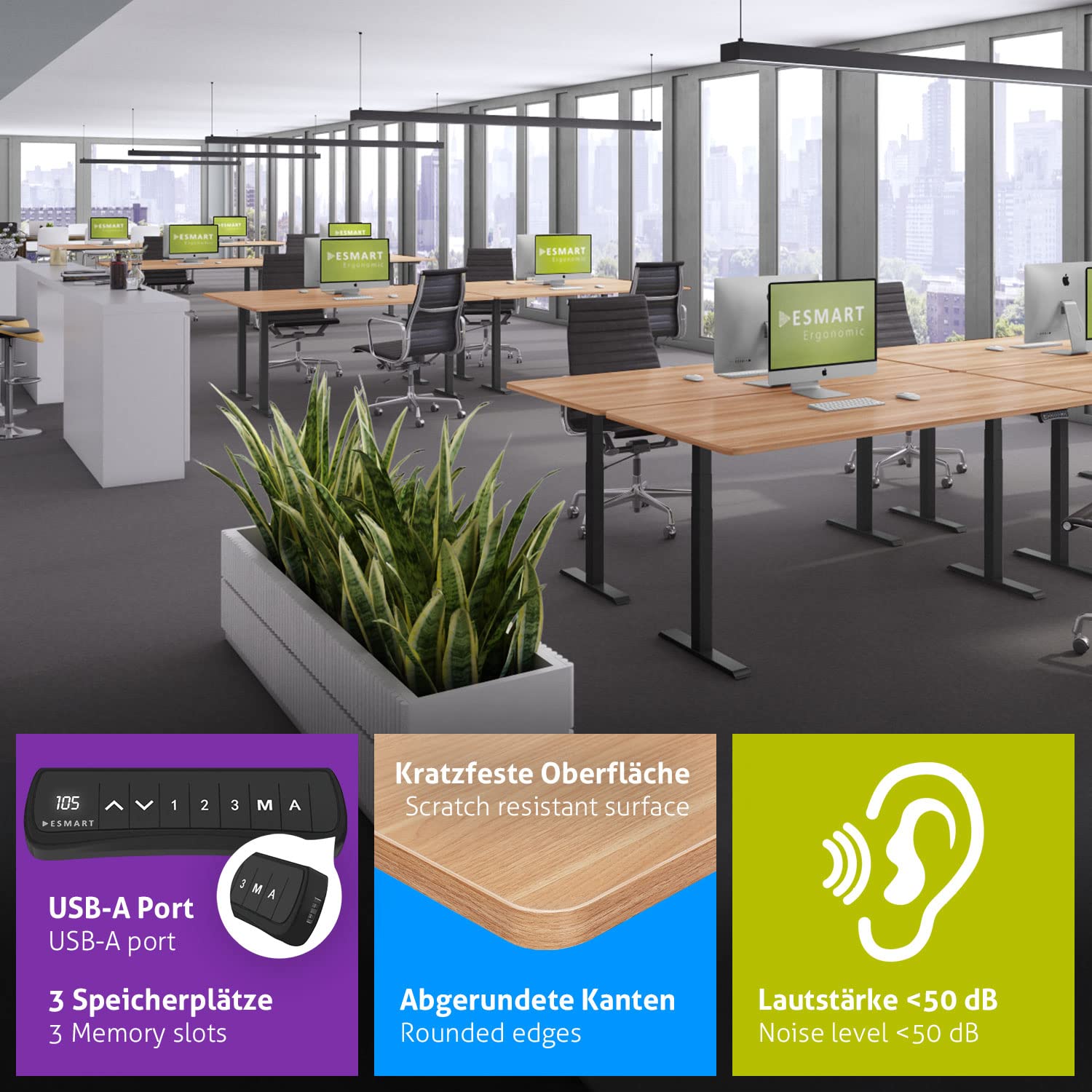 ESMART EZX-132BM 160 x 80 cm Arredamento in acero Ergonomischer Steh-Sitz-Schreibtisch Stufenlos elektrisch höhenverstellbar 60,5-125,5 cm Aktivitätserinnerung Schnelle Montage
