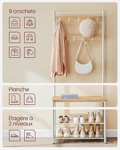 VASAGLE HSR041W09 3-in-1 Steel Frame Coat Rack with Shoe Shelf Hallway Modern Style Oak and Cream - 8