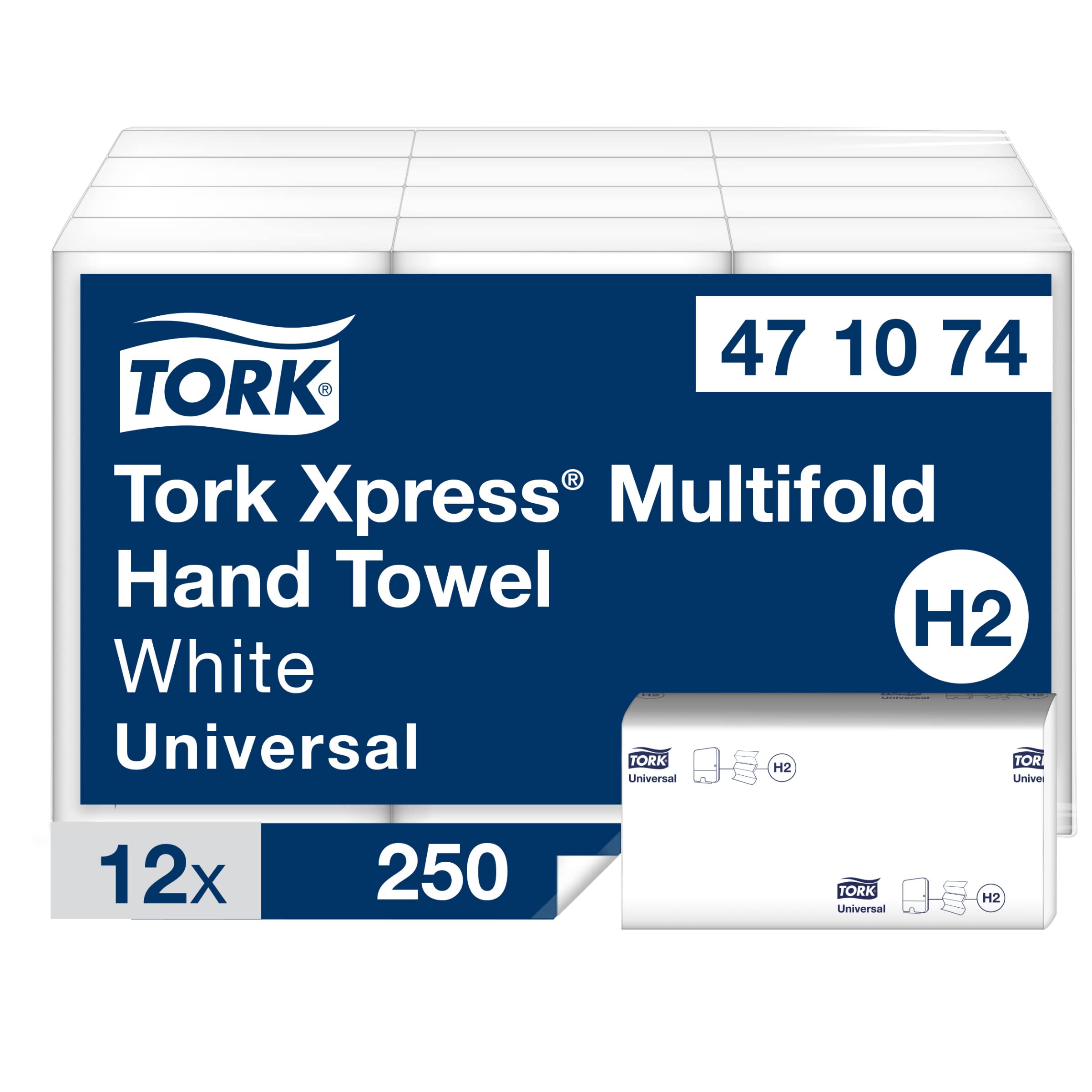 Tork Xpress Essuie-mains interfoliés - 471074 - Papiers d'essuyage pliés en Z, qualité Universal pour Distributeur H2 - Essuie-mains en papier, 1 pli, blanc - 12 x 250 feuilles