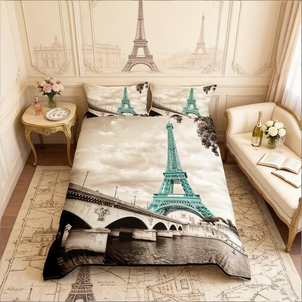 Loussiesd Eiffel Tower Duvet Cover Set Girls Chic Teal Paris Theme Bedding Set for Kids Teens Women Bedroom Decor Paris Cityscape Comforter Cover Microfiber Modern French Style Bedspread Super King — image 1