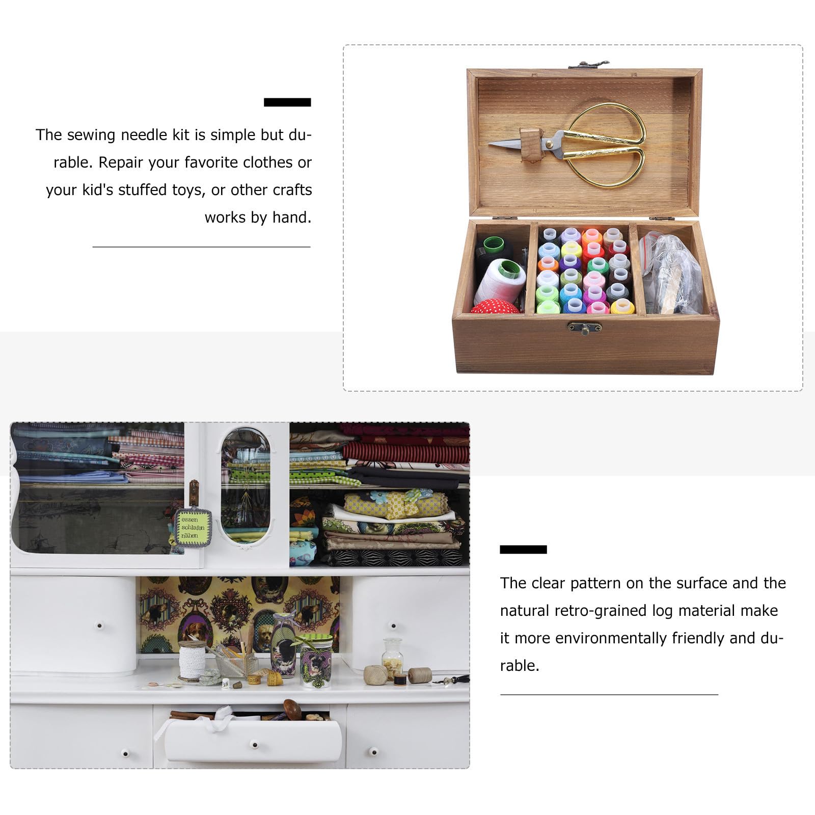 Kichvoe Estuche de Costura de Madera Natural Retro Gran Capacidad para Almacenar Agujas, Hilos y Tijeras, Kit de Costura para DIY Hogar