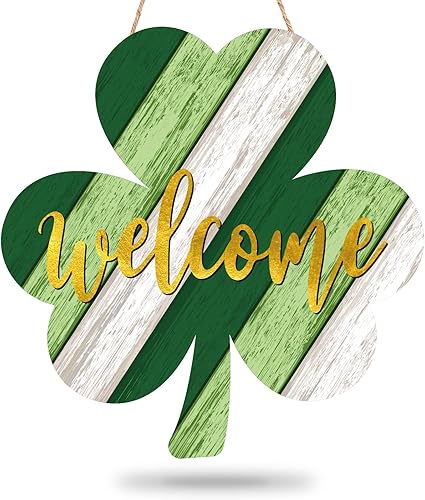 Whaline Letrero colgante de madera irlandesa para puerta del día de San Patricio, tablero de bienvenida con forma de trébol, letrero colgante de